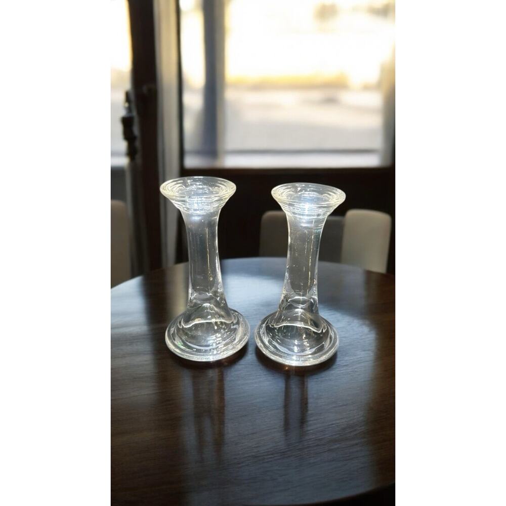 Set Of 2 Clear Solid Crystal Glass Candlestick Holders 6.25 Inch Tall